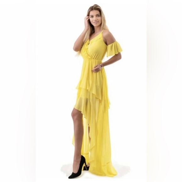 Yellow Cold Shoulder Asymmetrical Hi Low Chiffon Sheer Maxi Dress - Picture 2 of 2
